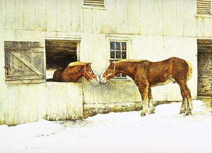 Horses, Barn, Winter, Dutch Door, Watercolor