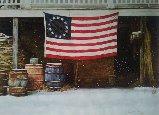 American Flag, Betsy Ross Flag, Stars and Stripes, Snow, Patriot, America, Revolutionary War, Wooden Barrels, Porch, Metal Pail