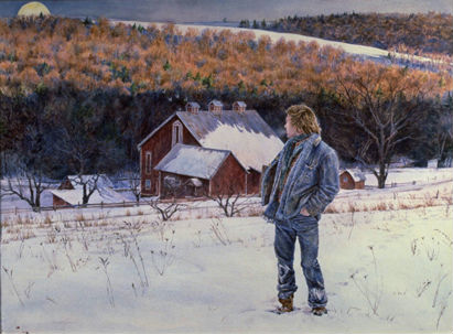 David Armstrong Self Portrait, Farm Scene, Moonlight, Winter, Christmas, Snow, Rural Pennsylvania, Watercolor, Scarf